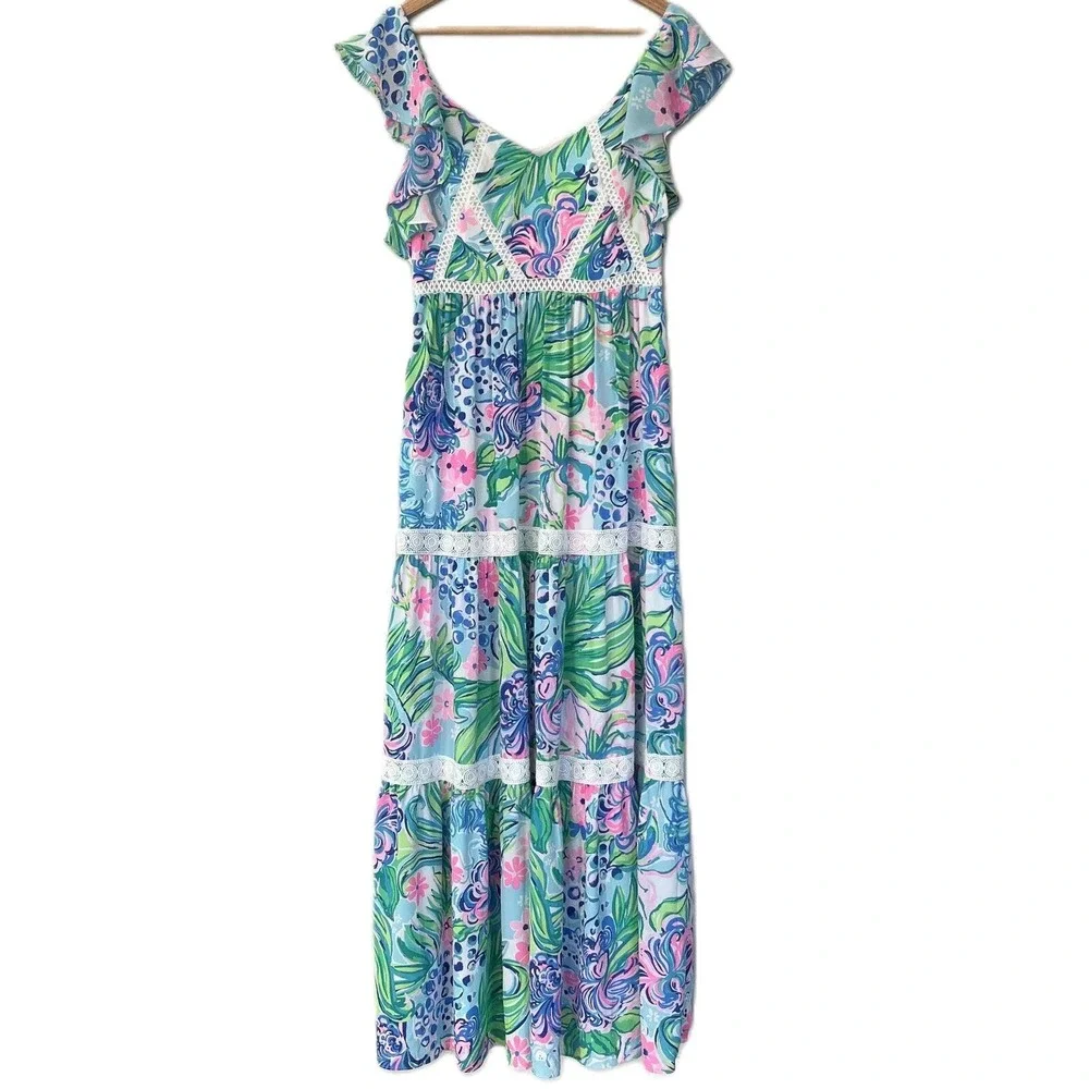ivie maxi dress lilly pulitzer Lilly Pulitzer | Dresses | Lilly Pulitzer 6 Ivie Maxi Dress Kitten Around  Fit Flare Flutter Sleeve Lace